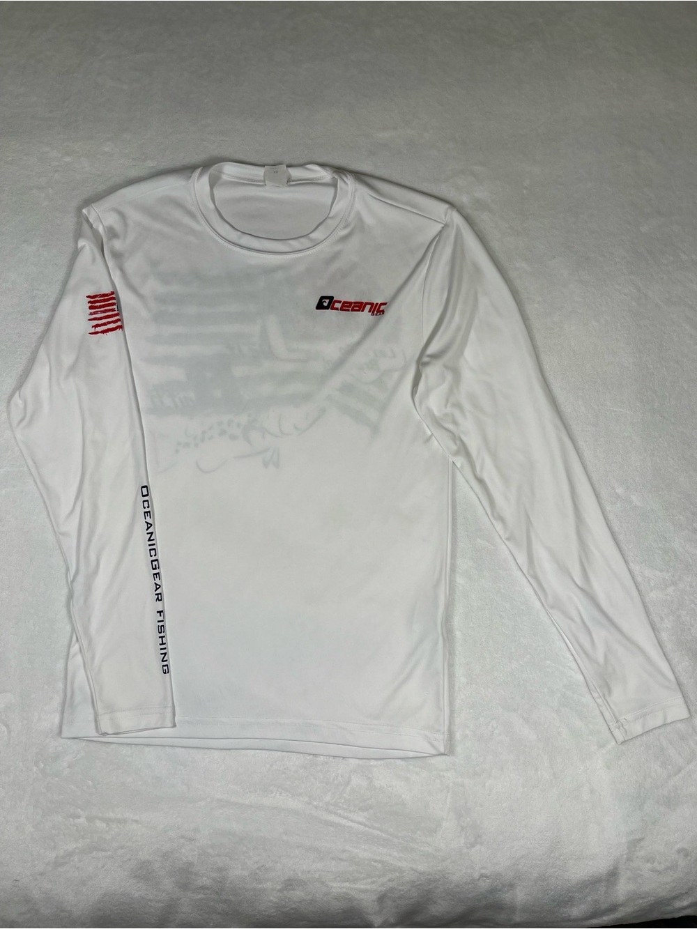Oceanic Gear Fishing Performance Shirt XS White Long Sleeve Patriotic USA Flag